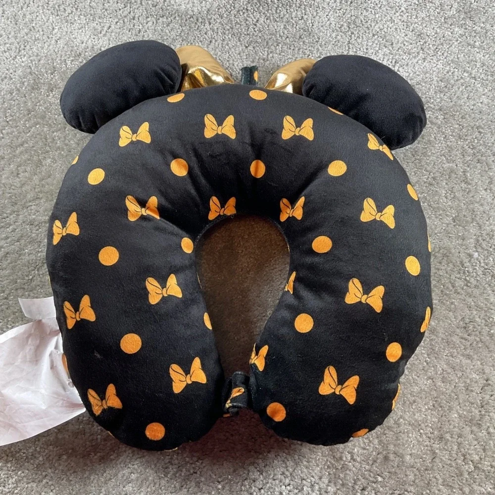Disney Minnie Mouse Travel Pillow U Shape Black Gold Polka Dot Bow‎ Neck Rest